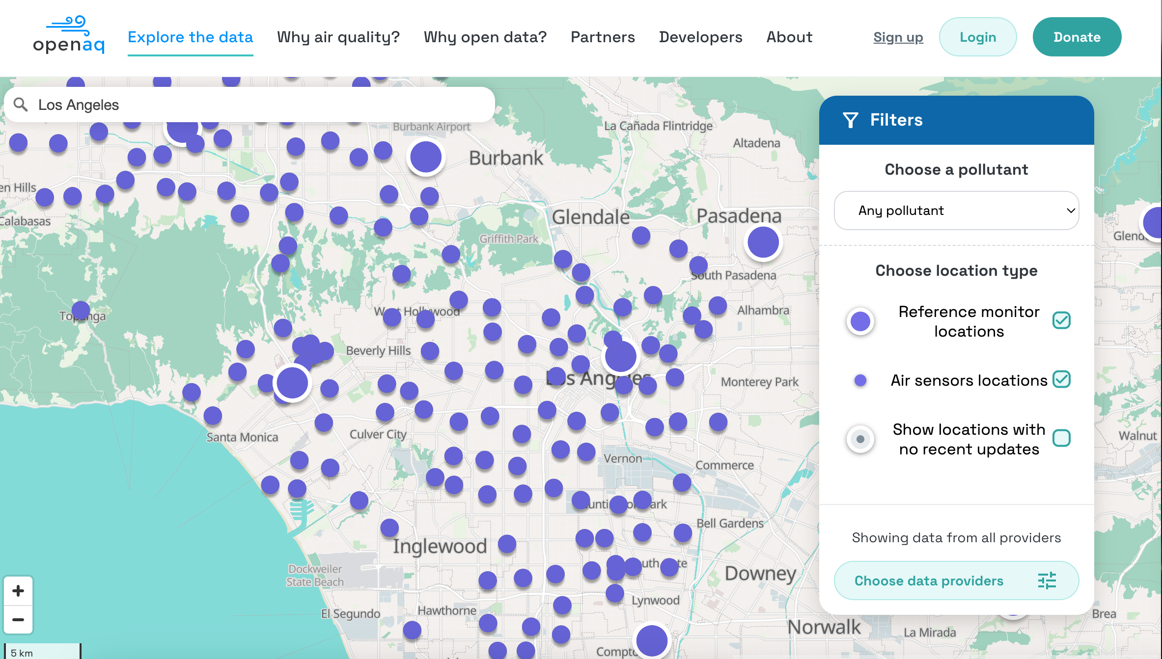 Screenshot of OpenAQ map of Los Angeles County.