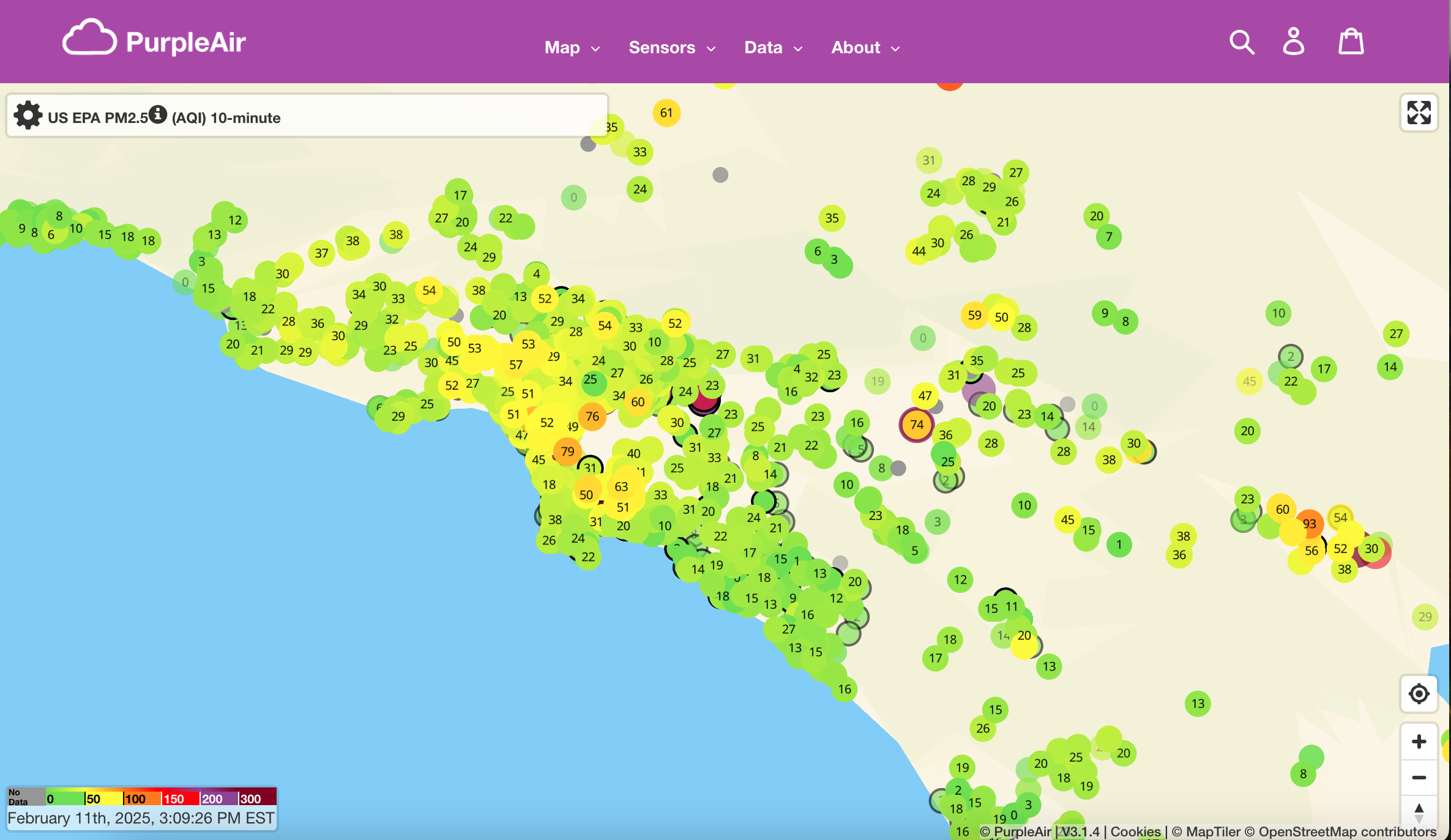 Screenshot of PurpleAir AQI map